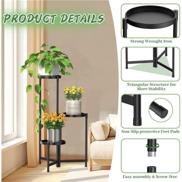 Metal Plant Stand Indoor Outdoor for Multiple Plants, 3 Tiered Folding - Picture 4 of 7